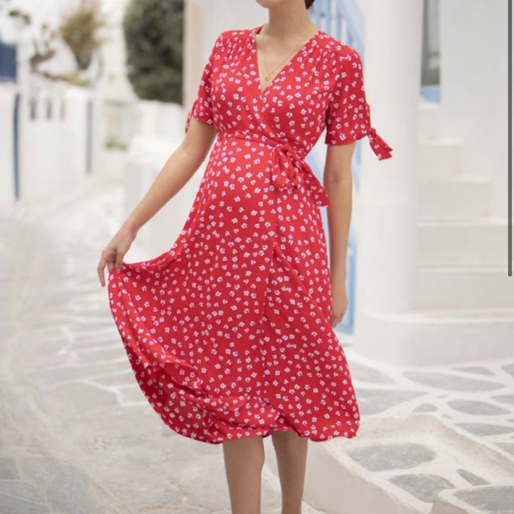 Seraphine Red Midi Wrap Maternity Dress